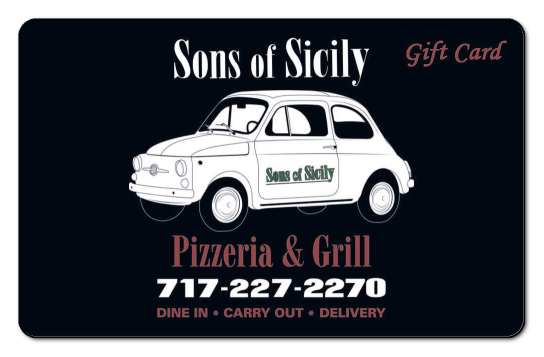 sons of sicily white text logo and restaurant info with a picture of a car on a black background